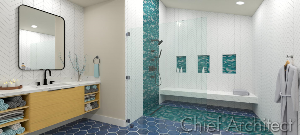 A shower with a vaulted ceiling, designed in Chief Architect