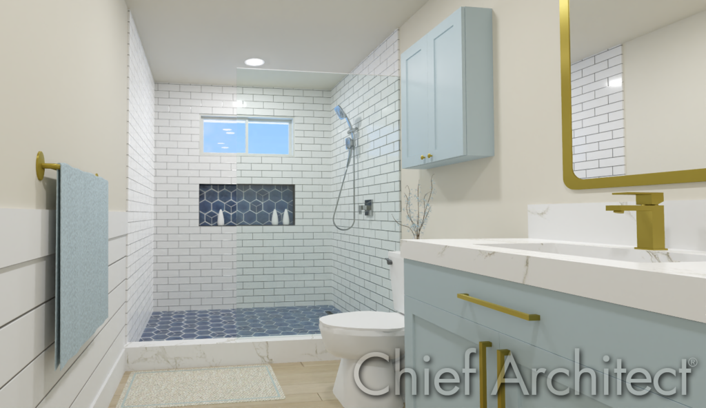 A small bathroom with a shower, designed in Chief Architect. 