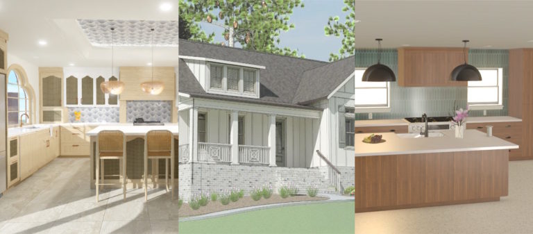 A three-panel rendering shows a bright, elegant kitchen interior, a charming cottage-style home exterior with a covered porch, and a modern kitchen with warm wood cabinetry and a large island under pendant lights.