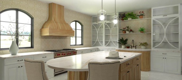 Kitchen rendering with bright airy feel.