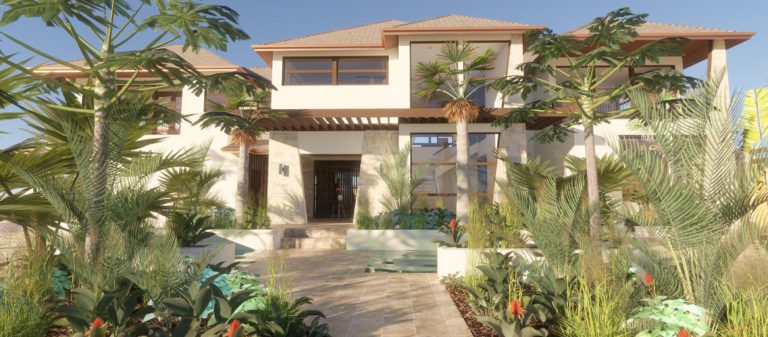 Modern tropical-style two-story home with large windows, stone accents, and lush landscaping at the entrance.