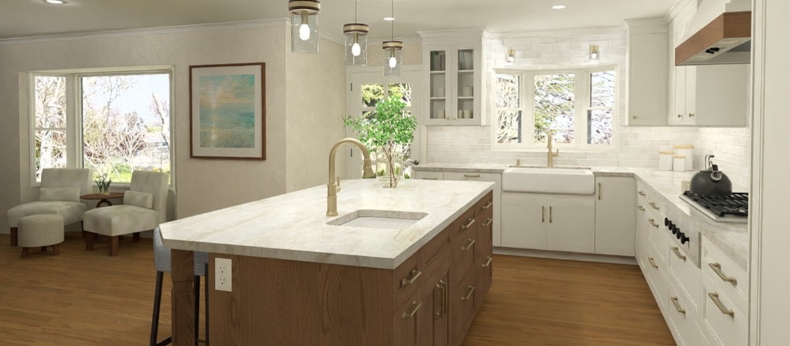 A bright modern kitchen with white cabinets, a large wood-accent island, pendant lighting, and gold fixtures.