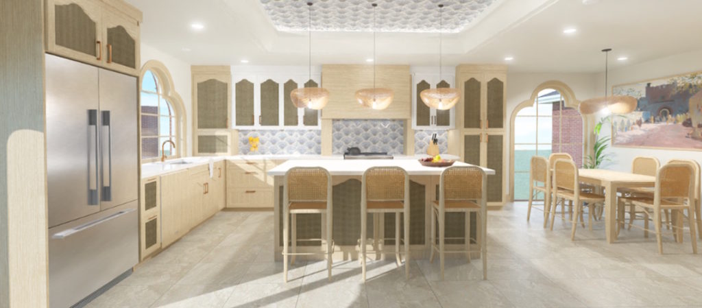 A spacious, Mediterranean-inspired kitchen featuring light wood cabinetry, woven pendant lights, arched windows, and a large island with cane-back barstools beneath a patterned recessed ceiling.