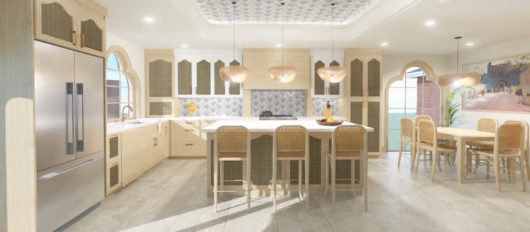 A spacious, Mediterranean-inspired kitchen featuring light wood cabinetry, woven pendant lights, arched windows, and a large island with cane-back barstools beneath a patterned recessed ceiling.