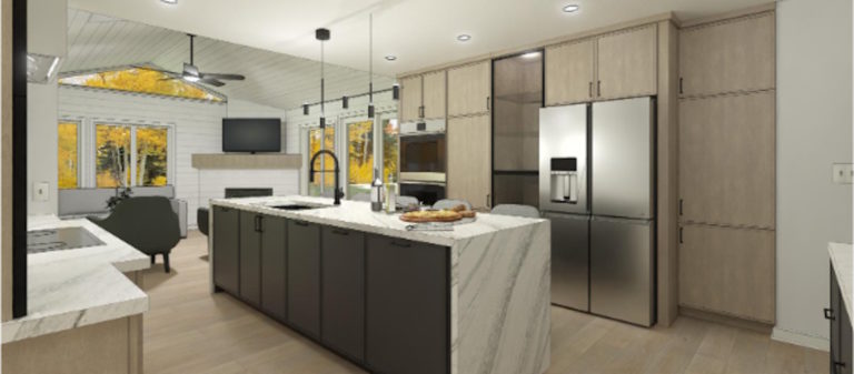 Modern kitchen design with waterfall counter and wine cooler