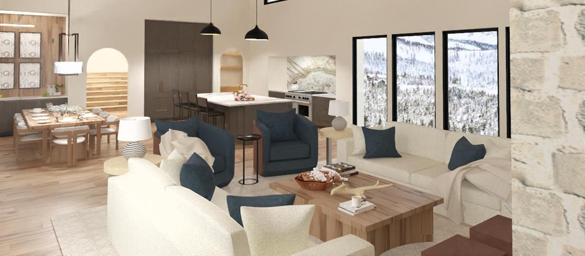 3D rendering of a modern rustic open-concept living room and kitchen with vaulted wood ceilings, large black-framed windows overlooking a snowy landscape, neutral furniture with navy accents, and a central chandelier above the seating area.
