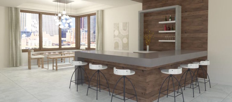 Chief Architect rendering luxury home bar with dark wood accents.