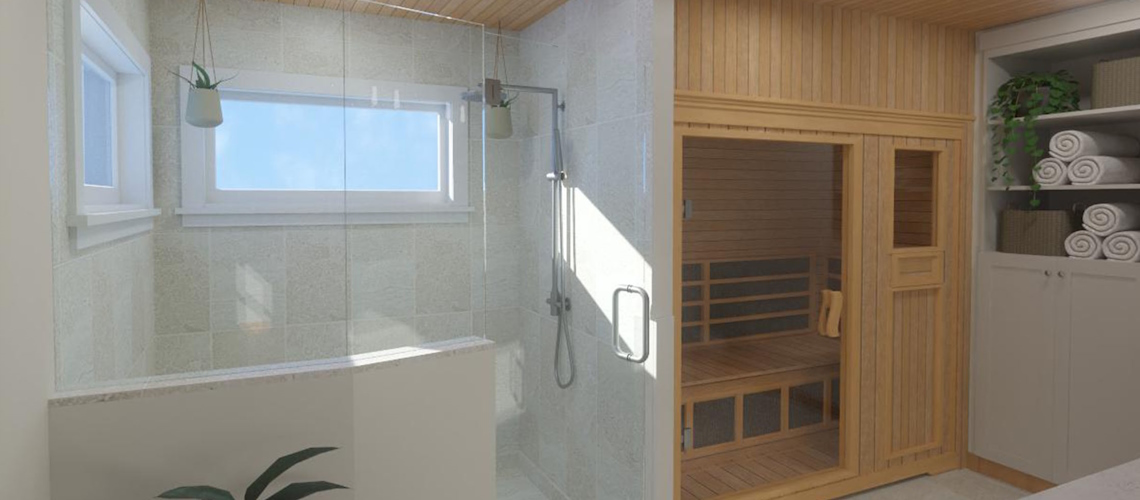 A modern spa-style bathroom features a glass-enclosed shower, built-in wooden sauna, and neatly organized towels on open shelving.