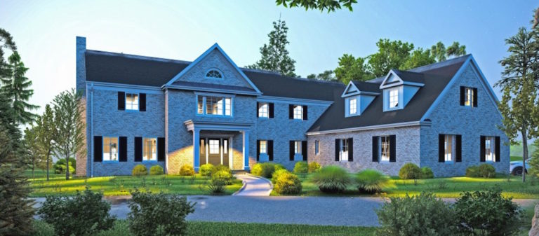 Elegant two-story brick home with black shutters, dormer windows, and a well-manicured circular driveway surrounded by lush landscaping.