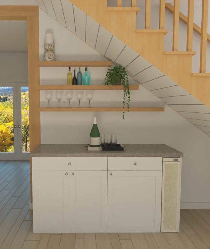 Residential bar space under stairs with floating shelves rendered in Chief Architect.