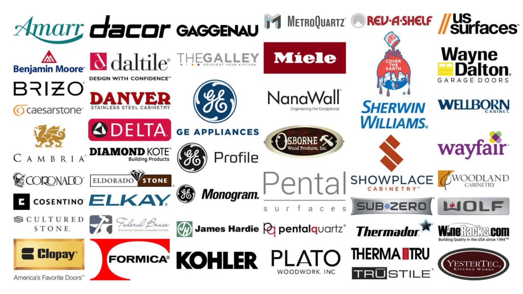A collage of home design and construction brand logos showcasing a wide range of partners in cabinetry, surfaces, appliances, doors, and fixtures.