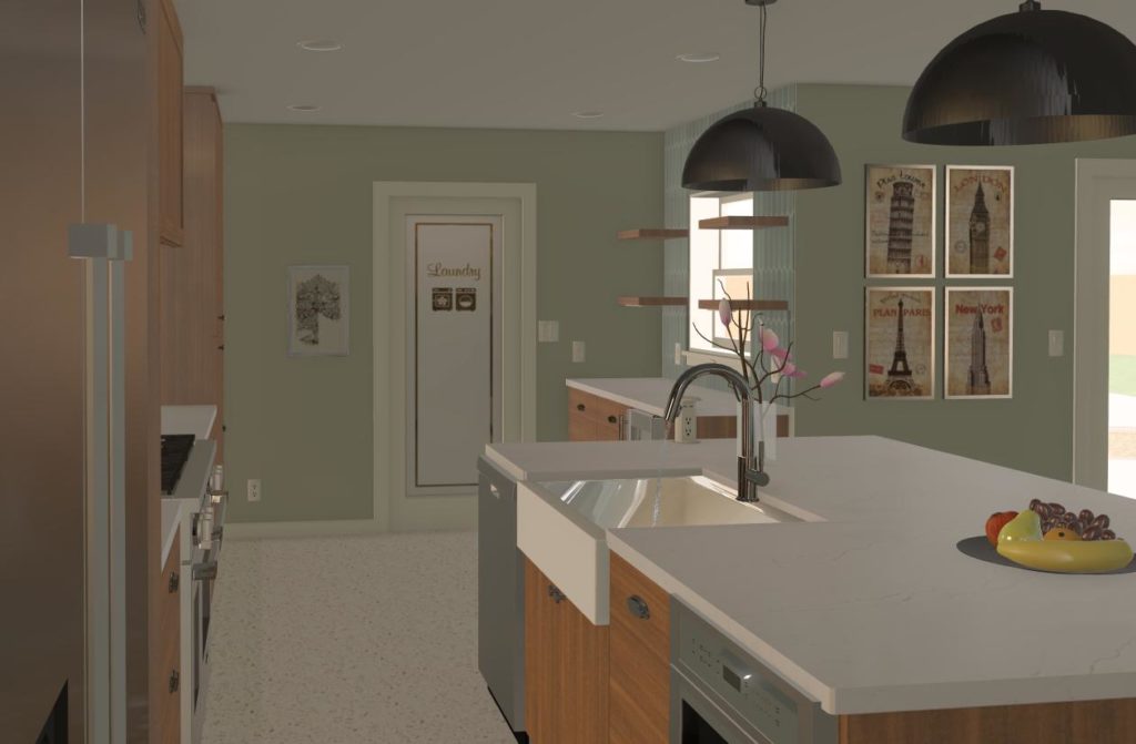 Modern kitchen interior featuring a central island with a farmhouse sink, pendant lighting, and travel-themed wall art near a door labeled "Laundry."