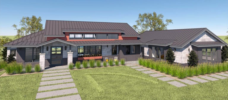 Modern farmhouse-style home with dark metal roofing, mixed stone and vertical siding, expansive windows, and landscaped walkways surrounding a grassy courtyard.