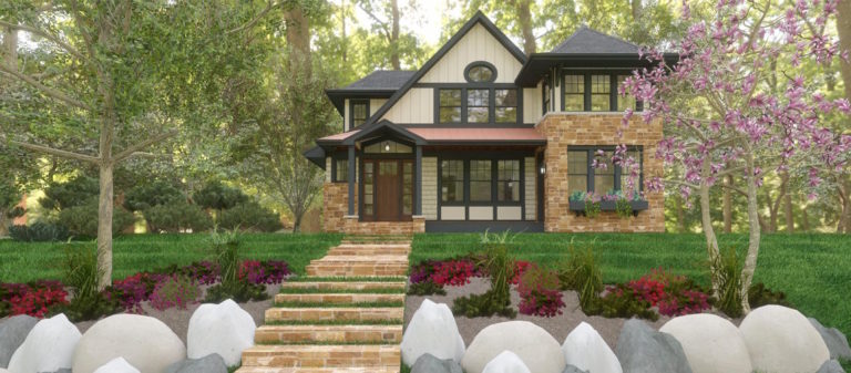 A two-story Craftsman-style home with stone and board-and-batten siding sits atop landscaped terraced steps, surrounded by mature trees, flowering shrubs, and large decorative boulders.