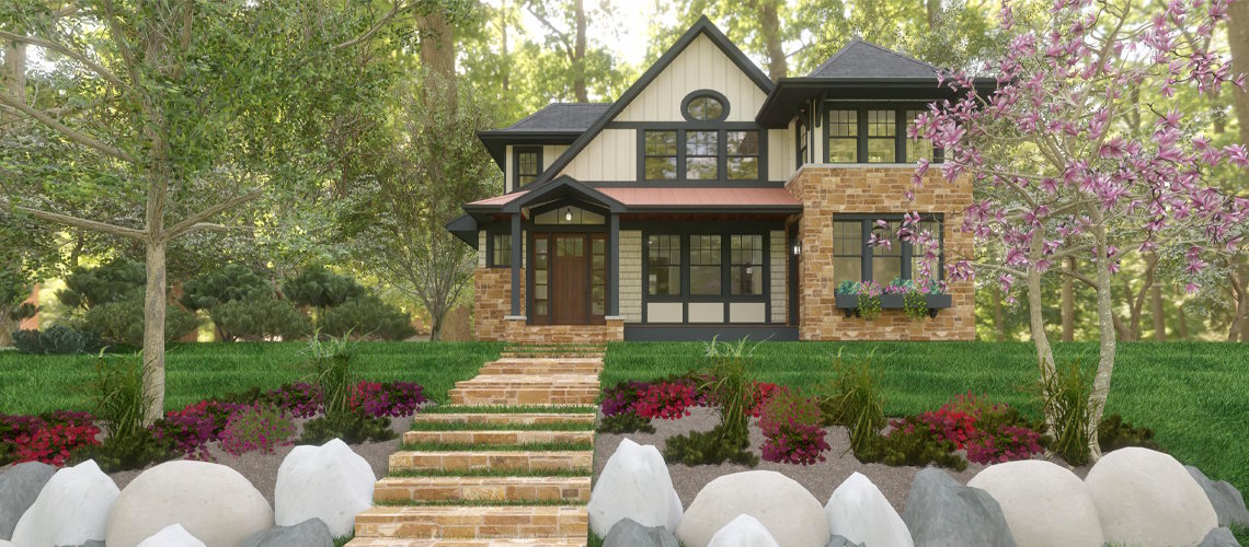 A two-story Craftsman-style home with stone and board-and-batten siding sits atop landscaped terraced steps, surrounded by mature trees, flowering shrubs, and large decorative boulders.
