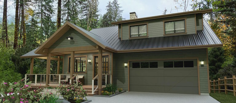 Modern farmhouse-style home with green siding, metal roof, covered front porch, and attached two-car garage surrounded by landscaped greenery and tall trees.