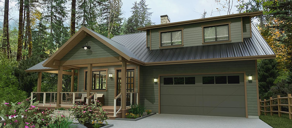 Modern farmhouse-style home with green siding, metal roof, covered front porch, and attached two-car garage surrounded by landscaped greenery and tall trees.