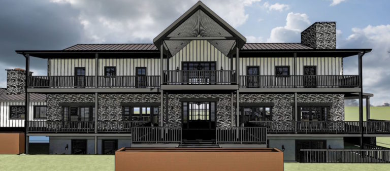 A large modern farmhouse-style home with a symmetrical design, dark stone lower level, vertical siding above, and expansive wraparound balconies on both floors.