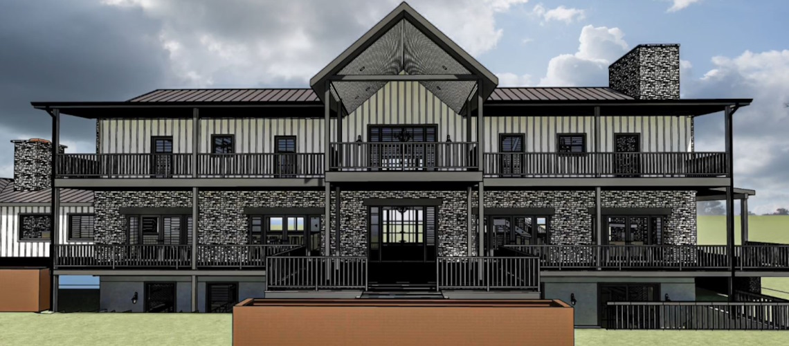 A large modern farmhouse-style home with a symmetrical design, dark stone lower level, vertical siding above, and expansive wraparound balconies on both floors.