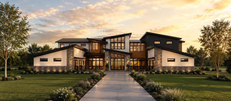 Modern two-story contemporary home with asymmetrical rooflines, black-and-white exterior, stone accents, expansive windows, and a landscaped front walkway at sunset