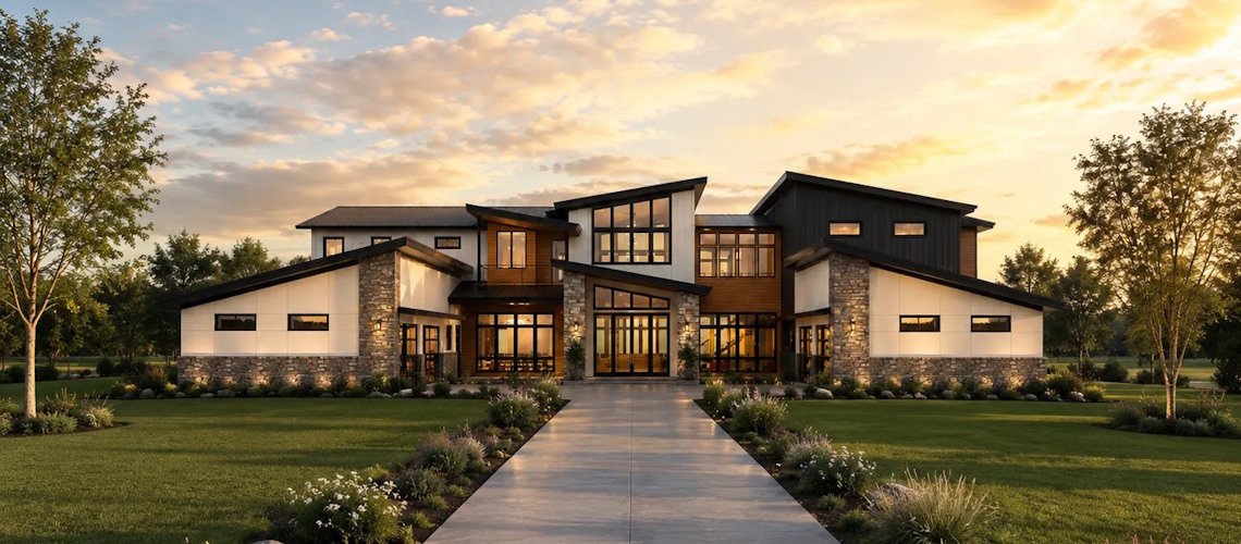 Modern two-story contemporary home with asymmetrical rooflines, black-and-white exterior, stone accents, expansive windows, and a landscaped front walkway at sunset