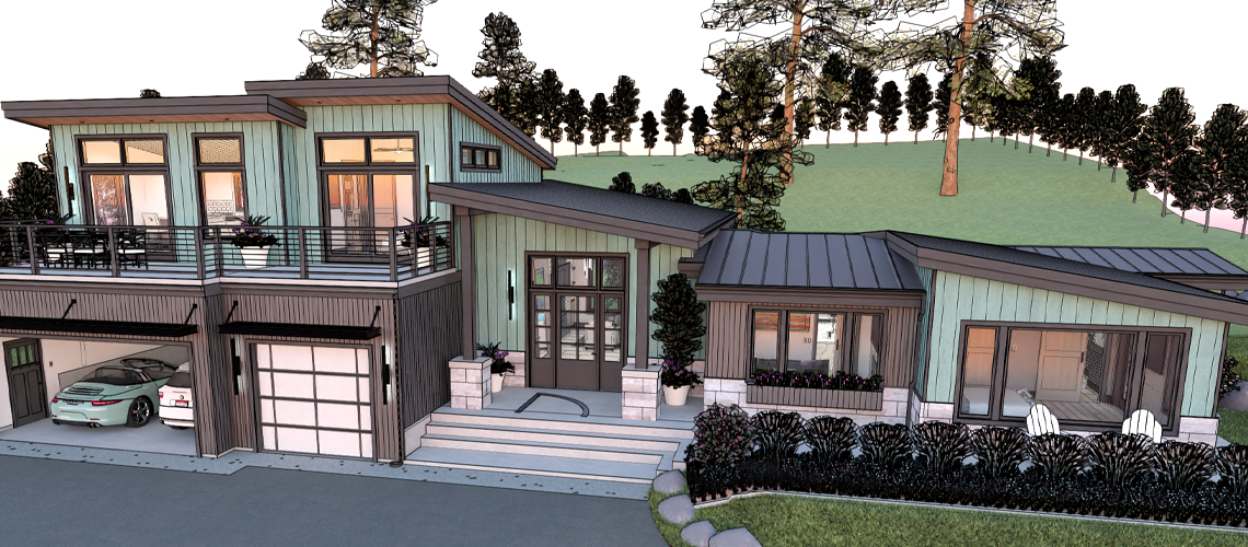 A Chief Architect rendering of the front exterior of a home with modern shed roof lines and a large deck on expansive property.