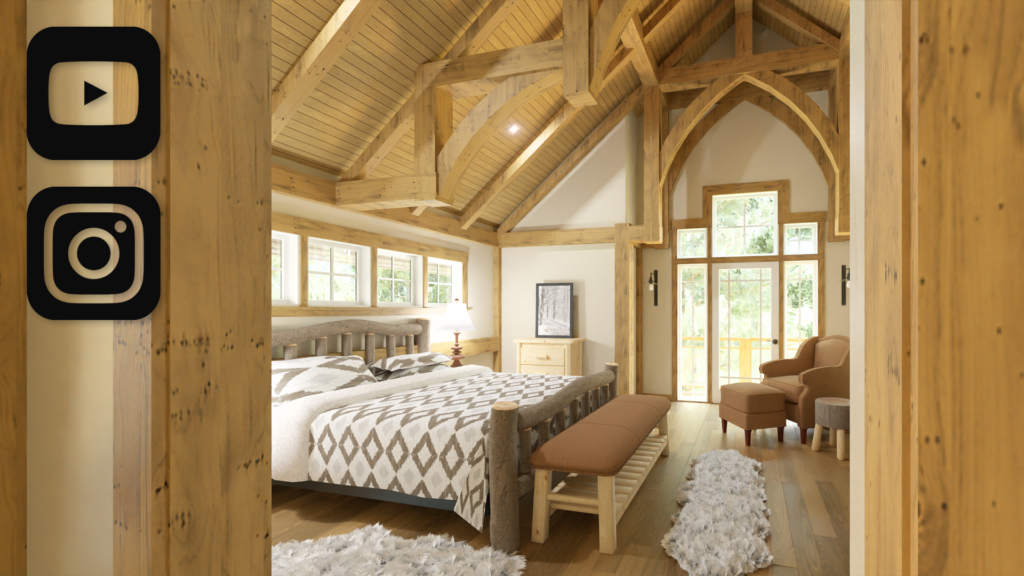 The view of a primary bedroom in a timber framed home from the perspective of someone peaking through the doorway.
