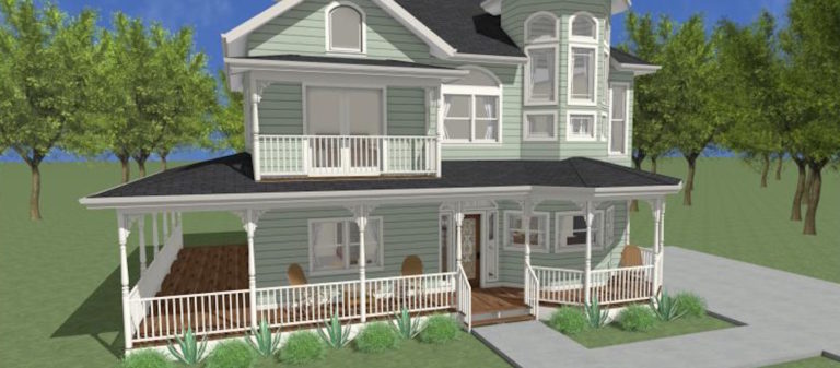 3D rendering of a two-story green Victorian-style home with a wraparound porch, white railings, and surrounding landscaping.