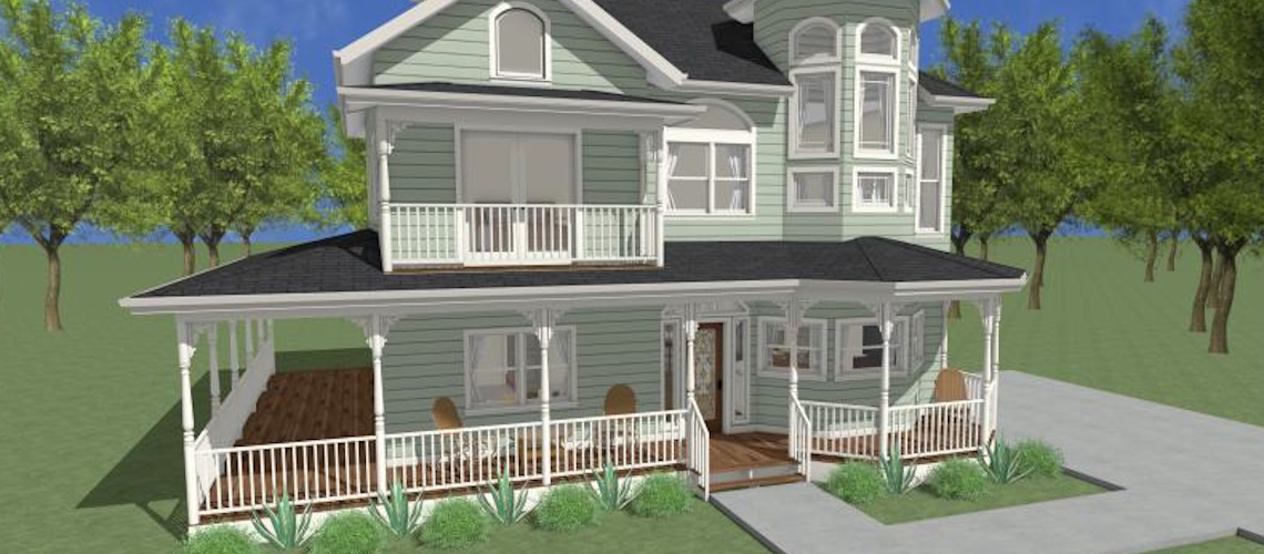 3D rendering of a two-story green Victorian-style home with a wraparound porch, white railings, and surrounding landscaping.