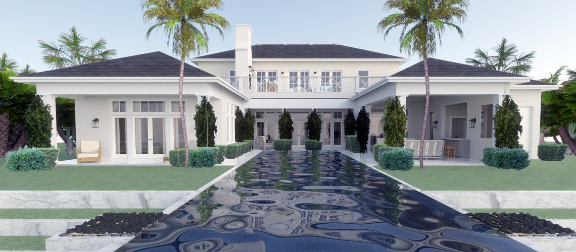 A modern coastal-style home with a symmetrical layout, large windows, palm trees, and a reflective water feature leading to the entrance.