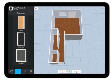 An iPad displaying a 3D view of the Chief Architect As-Built app. 