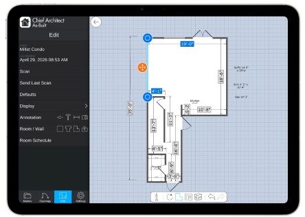 An iPad displaying a 2D floor plan view of the Chief Architect As-Built app. 