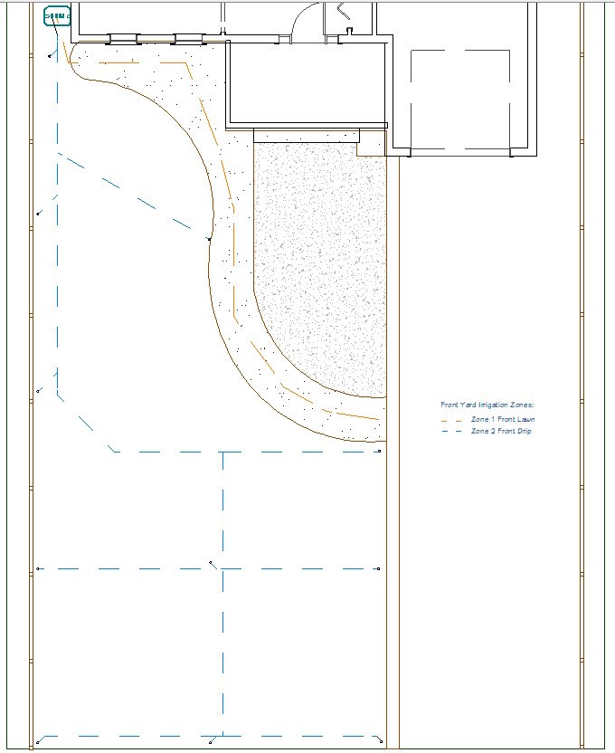 2D plan view of residential landscape irrigation system showing sprinkler head location and pipe routing