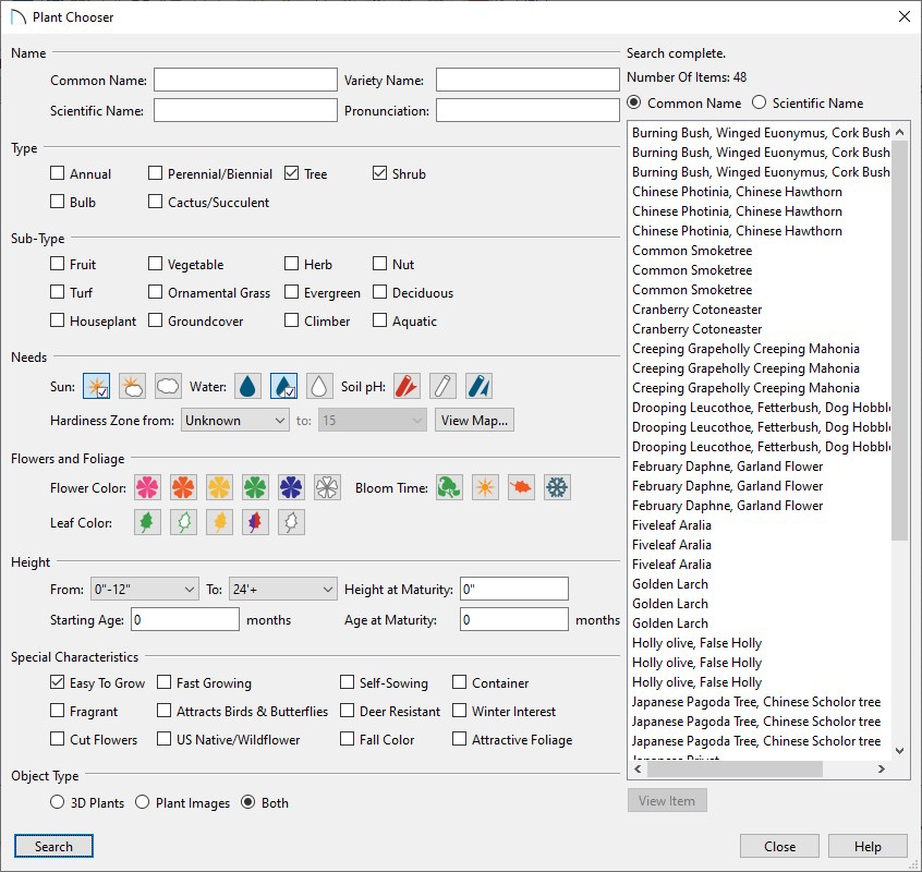 Chief Architect Software Plant Chooser tool dialog box example showing the different attributes you can search on.