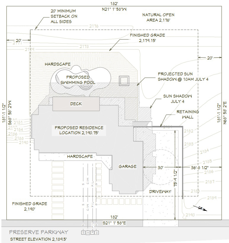 Example of a typical 2D plot plan showing the property boundaries, setbacks, utilities, and elevation data.