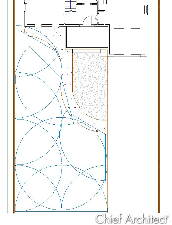 2D plan view of residential irrigation system showing spray patterns of sprinkler heads.