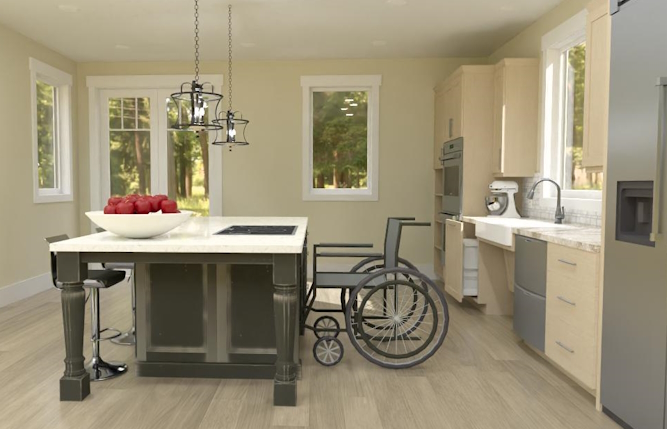 Accessible kitchen featuring a wheelchair-friendly layout, spacious island with cooktop and seating, lowered sink area, ample cabinetry, and stainless steel appliances.