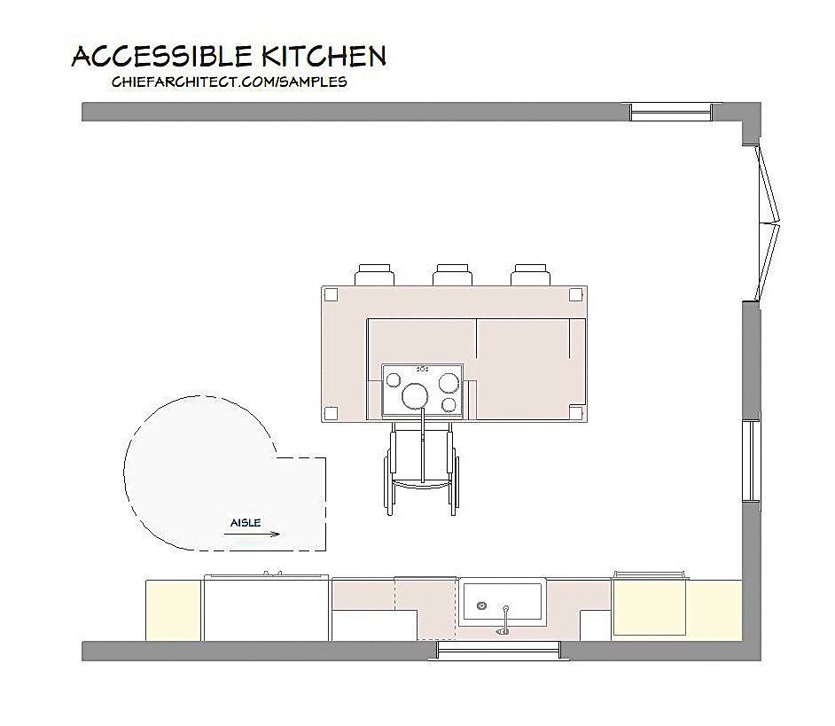 Floor plan of an accessible kitchen showing a central island with cooktop and seating, perimeter cabinetry and sink, and designated wheelchair turning and aisle clearance.