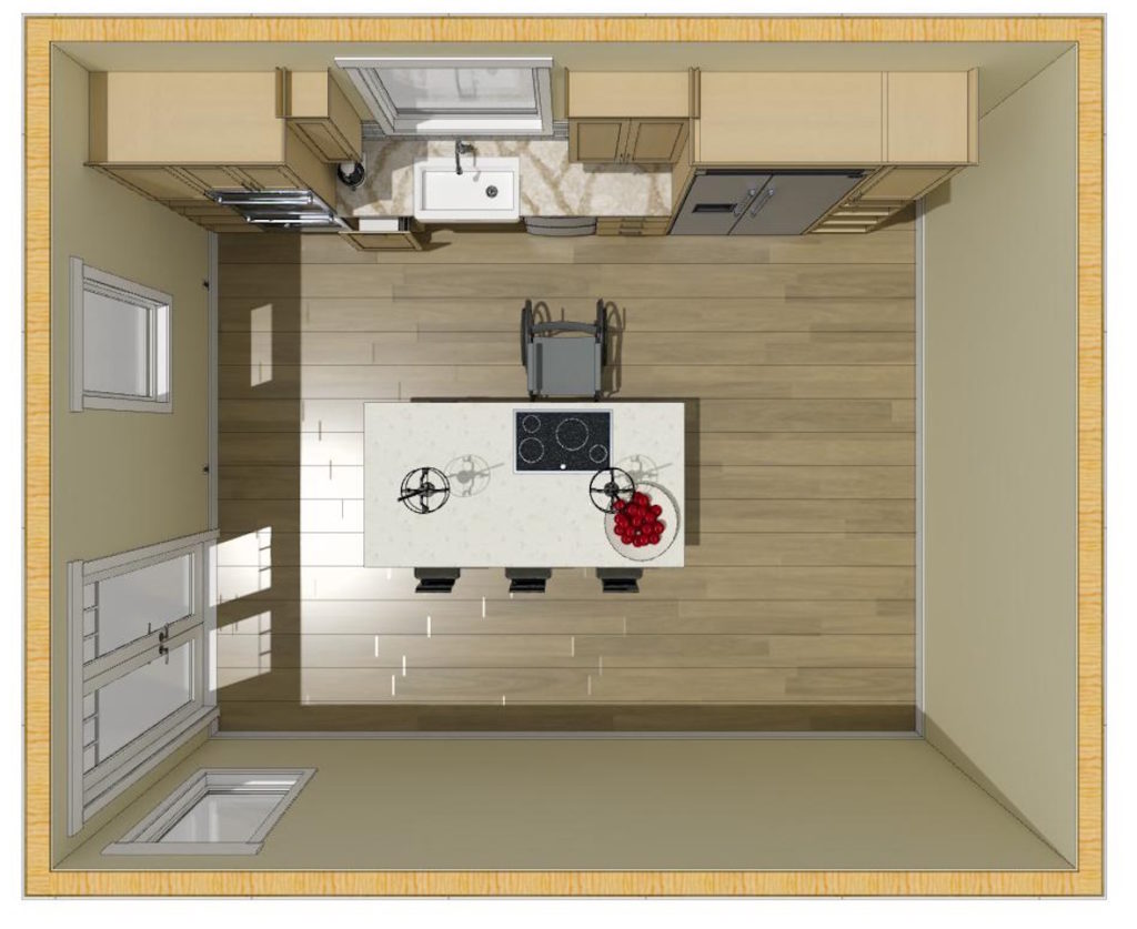 Top-down rendering of an accessible kitchen featuring wheelchair-friendly clearances, perimeter cabinetry, a sink, refrigerator, and central island with cooktop and seating.