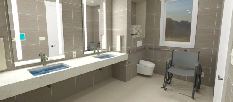 Accessible bathroom featuring a wheelchair-accessible double vanity, wall-mounted toilet, grab bars, roll-under sinks, and modern neutral finishes.