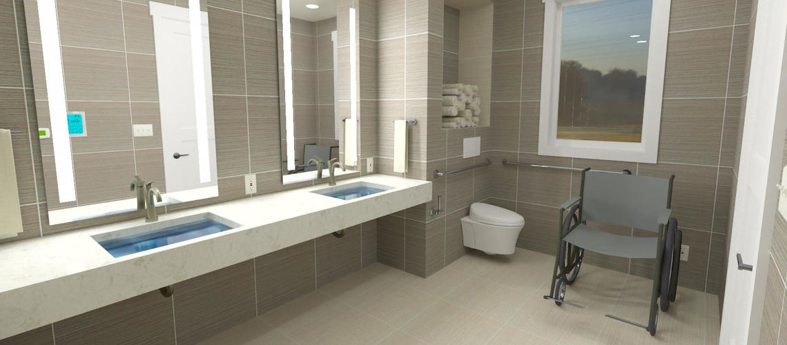 Accessible bathroom featuring a wheelchair-accessible double vanity, wall-mounted toilet, grab bars, roll-under sinks, and modern neutral finishes.