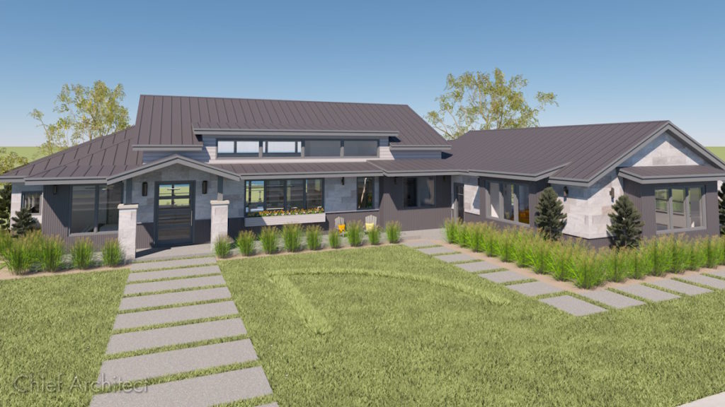 Modern single-story home exterior featuring dark metal roofs, mixed siding and stone finishes, large windows, and landscaped walkways.