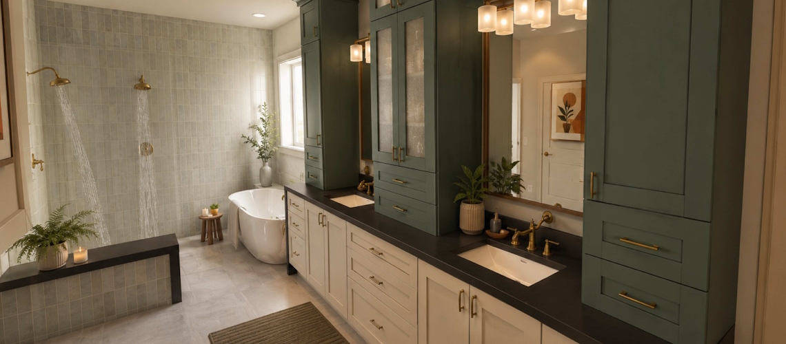 Spacious modern bathroom featuring green and white cabinetry, dark countertops, a freestanding tub, walk-in shower, and warm brass fixtures.