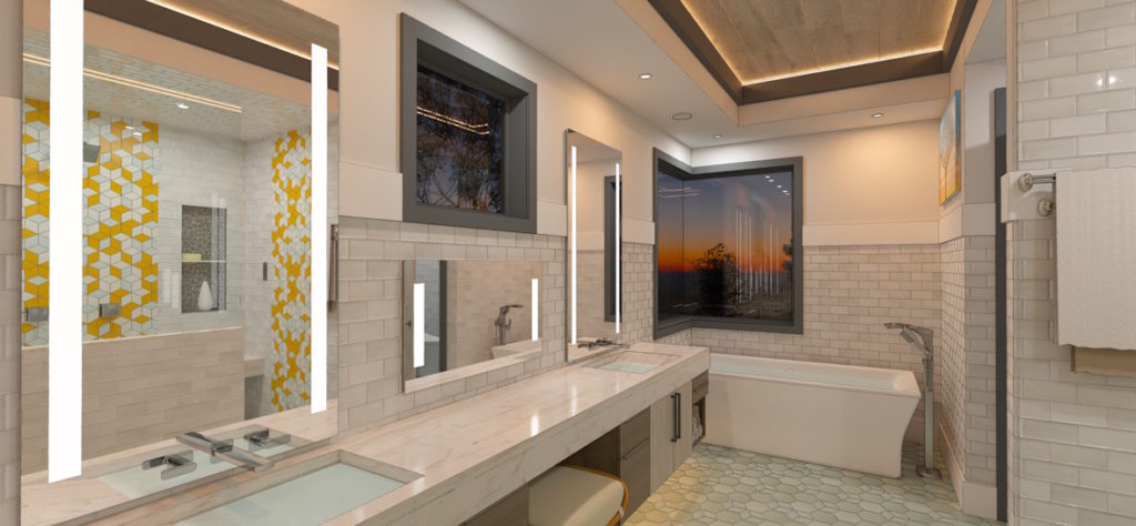 Modern bathroom featuring a double vanity, illuminated mirrors, soaking tub, geometric tile accents, and warm recessed lighting.