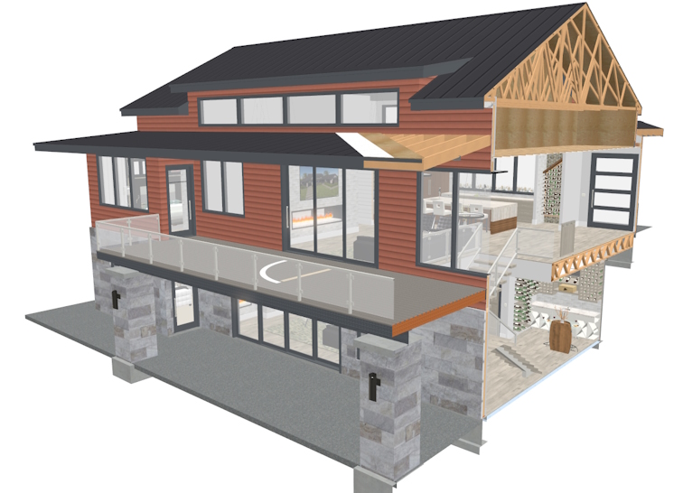 3D cutaway rendering of a modern two-story home showcasing the exterior materials, roof framing, balcony, and interior living spaces.