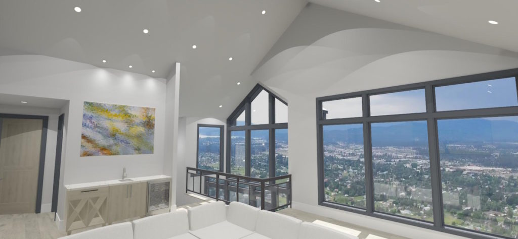 3D rendering of a modern living space with vaulted ceilings, large windows, and expansive city and mountain views.