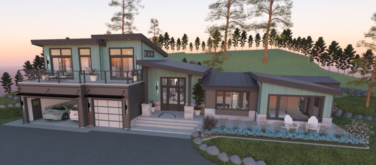 Modern two-story home with an attached garage, expansive windows, covered entry, balcony, and landscaped front yard at sunset.